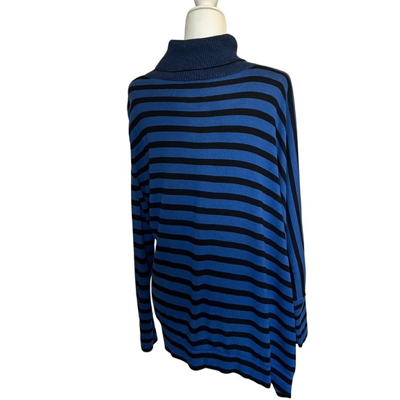 Planet by Lauren G Blue Black Striped Asymmetric Turtleneck Poncho Sweater‎ OS - Picture 2 of 7